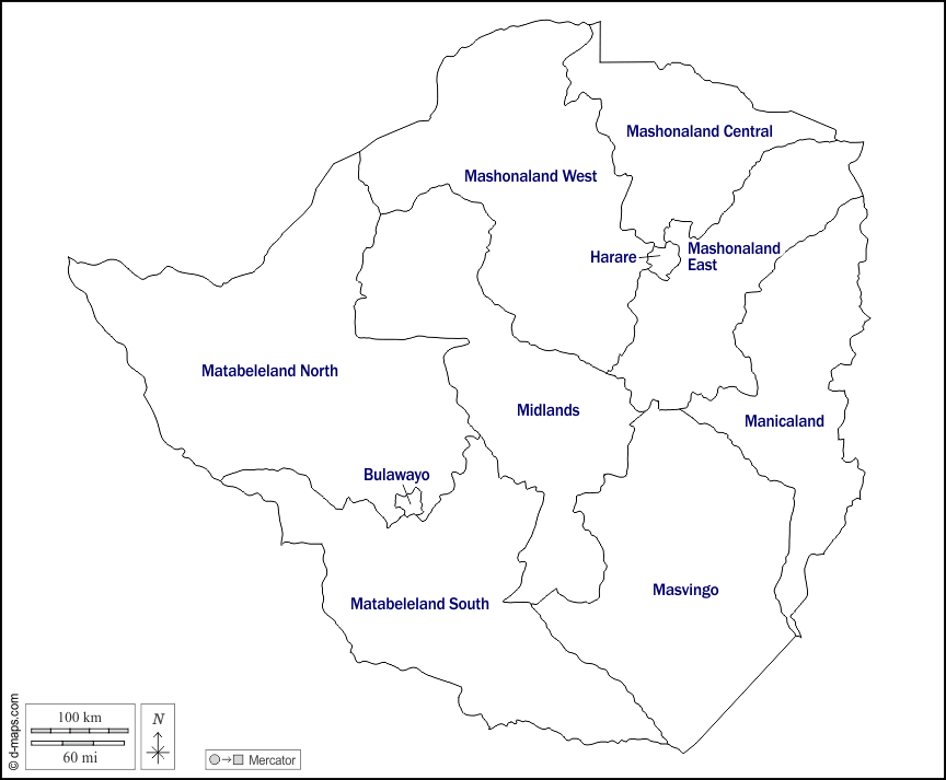Zimbabwe : d-maps.com: mapa livre, mapa em branco livre, mapa livre do esboço, mapa básico livre
 : contornos, províncias, nomes, branco