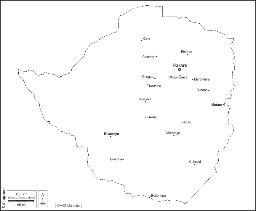 Simbabwe : d-maps.com: Kostenlose Karten, kostenlose stumme Karte, kostenlose unausgefüllt Landkarte, kostenlose hochauflösende Umrisskarte : Umrisse, Wichtige Städte, Namen, weiß