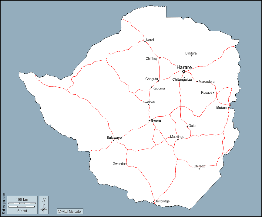 Simbabwe : d-maps.com: Kostenlose Karten, kostenlose stumme Karte, kostenlose unausgefüllt Landkarte, kostenlose hochauflösende Umrisskarte : Umrisse, Wichtige Städte, Straßen, Namen