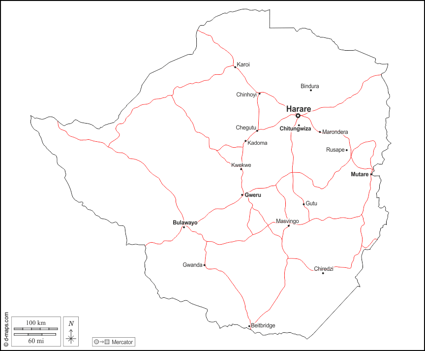 Zimbabwe : d-maps.com: mappa gratuita, mappa muta gratuita, cartina muta gratuita : contorni, principali città, strade, nomi, bianco