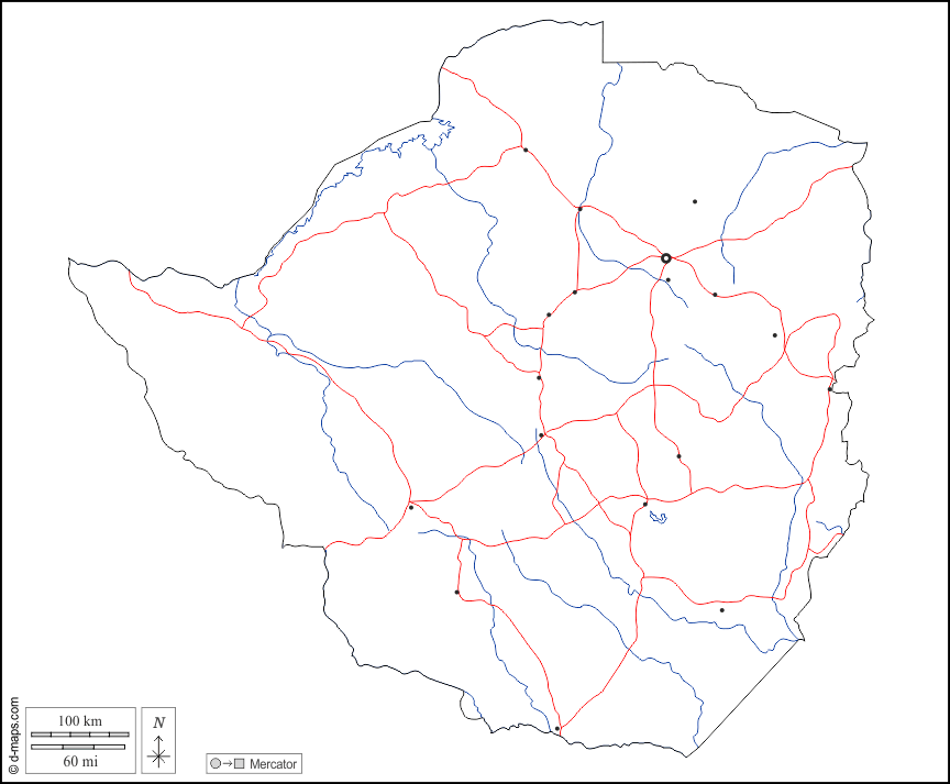 Zimbabwe : d-maps.com: mappa gratuita, mappa muta gratuita, cartina muta gratuita : contorni, idrografia, principali città, strade, bianco