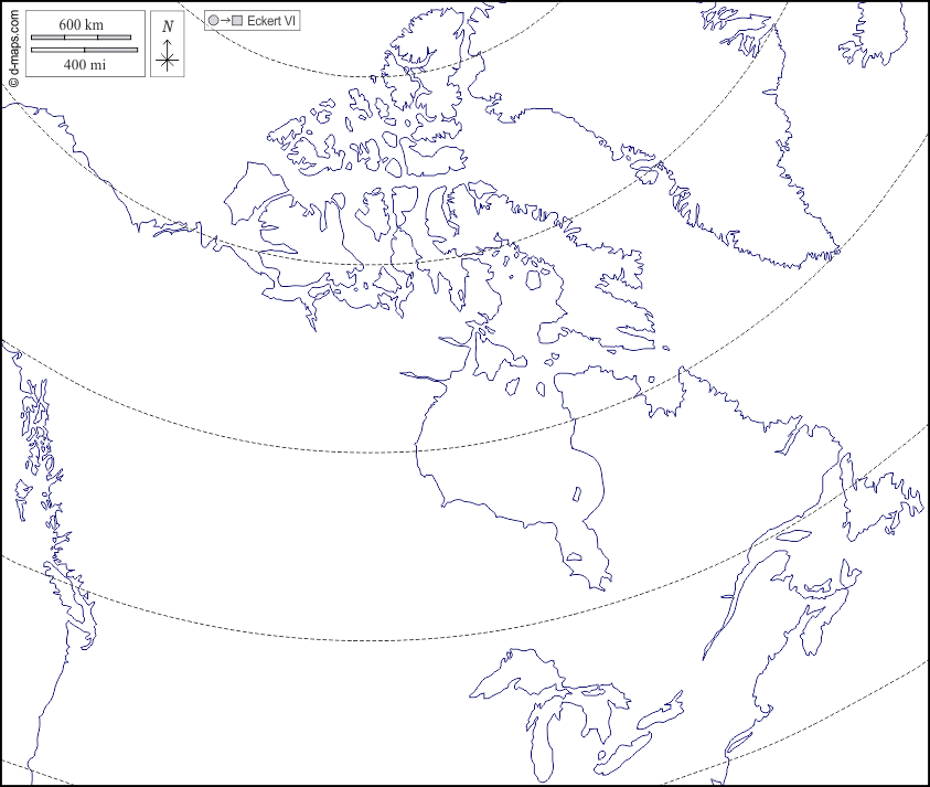 Canada : d-maps.com: mappa gratuita, mappa muta gratuita, cartina muta gratuita : litorali, latitudine, bianco
