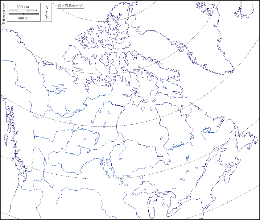 Canada : d-maps.com: mappa gratuita, mappa muta gratuita, cartina muta gratuita : litorali, idrografia, latitudine, bianco