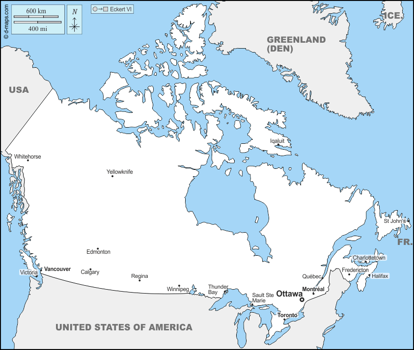 Canada : d-maps.com: mappa gratuita, mappa muta gratuita, cartina muta gratuita : frontiere, principali città, nomi