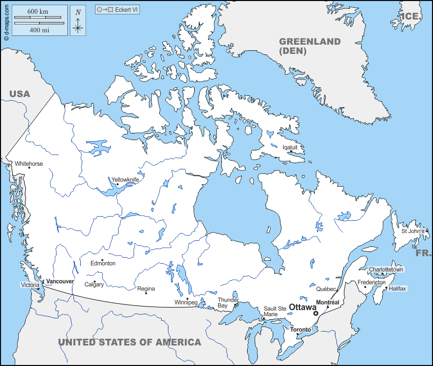 Canada : d-maps.com: mappa gratuita, mappa muta gratuita, cartina muta gratuita : frontiere, idrografia, principali città, nomi