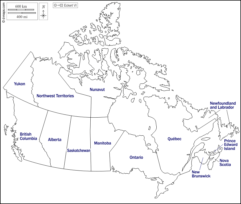 Canada : d-maps.com: mappa gratuita, mappa muta gratuita, cartina muta gratuita : contorni, province, territori, nomi, bianco