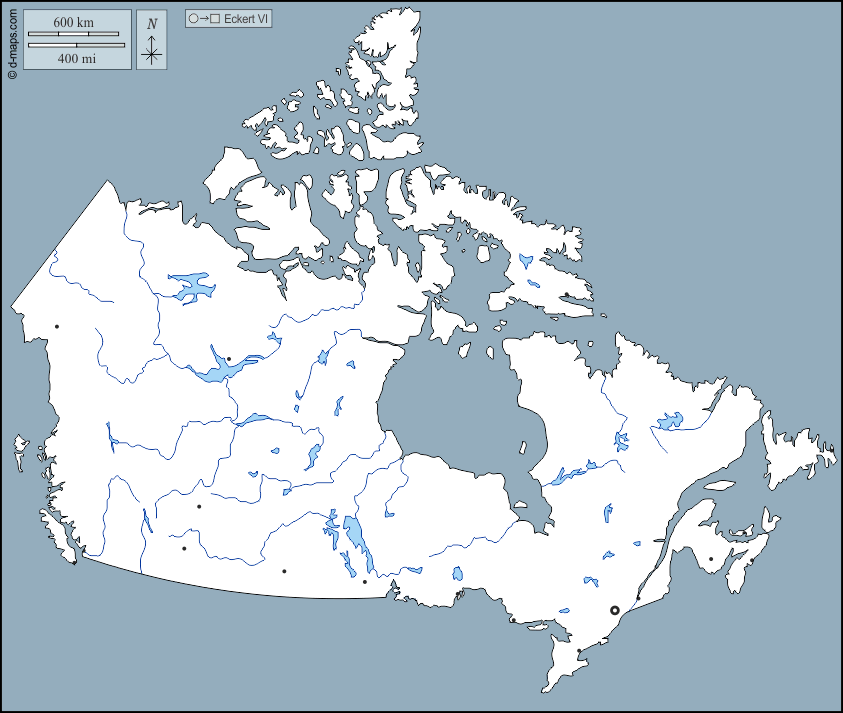 Canada : d-maps.com: mappa gratuita, mappa muta gratuita, cartina muta gratuita : contorni, idrografia, principali città