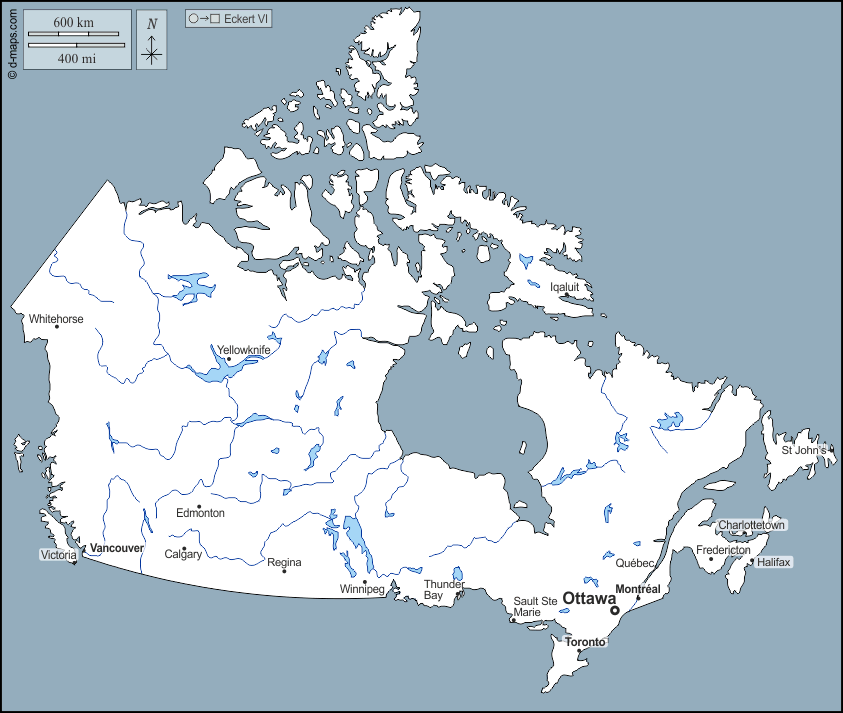 Canada : d-maps.com: mappa gratuita, mappa muta gratuita, cartina muta gratuita : contorni, idrografia, principali città, nomi