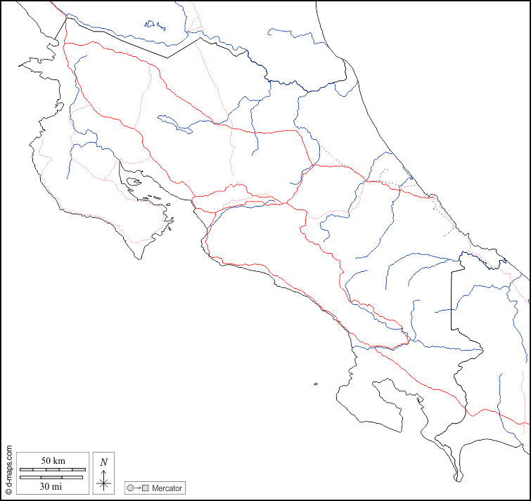 哥斯达黎加 : d-maps.com: 免费地图, 免费的空白地图, 免费的轮廓地图, 免费基地地图 : 边界, 水文学, 道路, 白