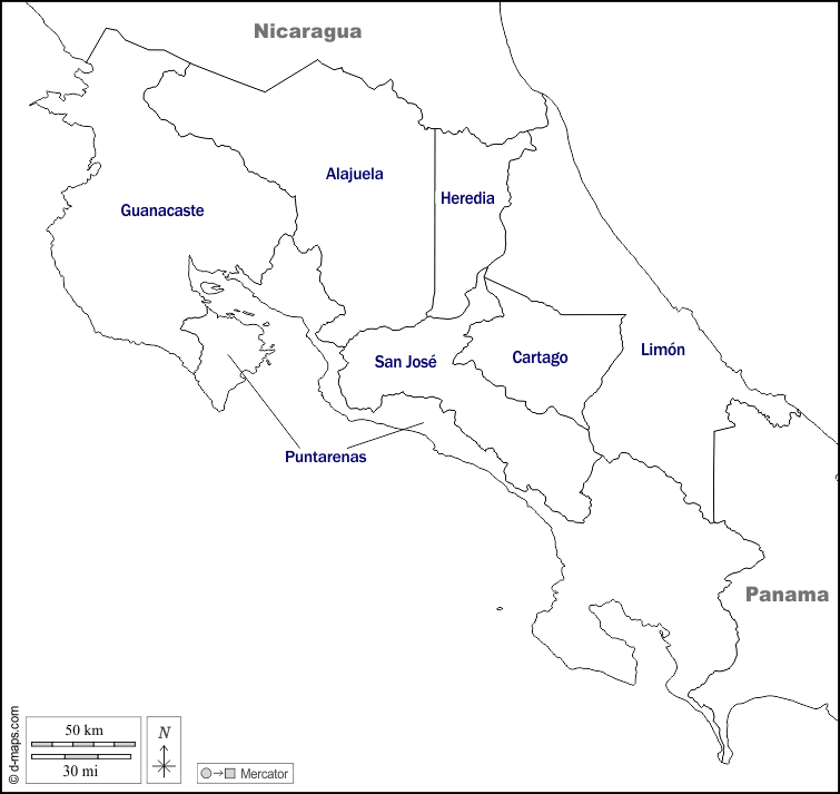 Costa Rica : d-maps.com: mappa gratuita, mappa muta gratuita, cartina muta gratuita : frontiere, province, nomi, bianco