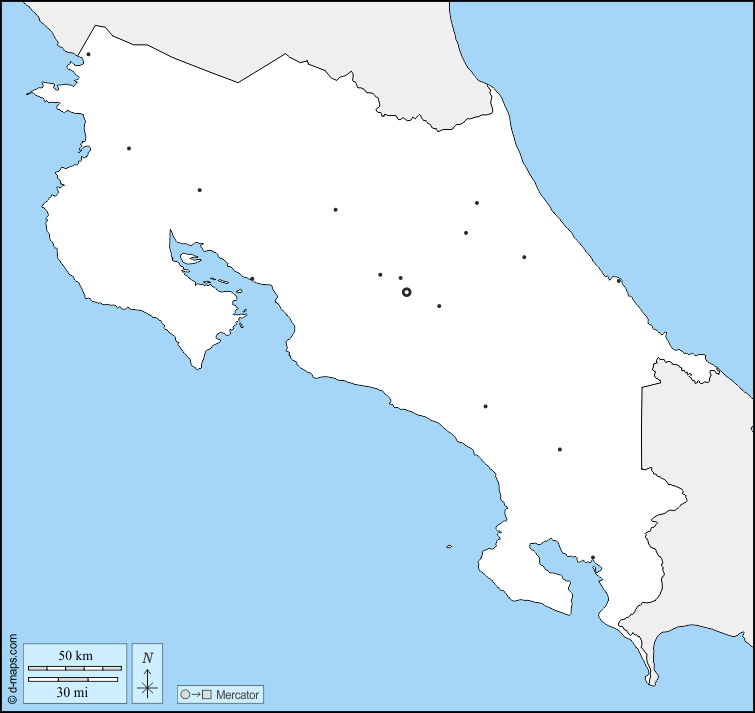 Costa Rica : d-maps.com: mappa gratuita, mappa muta gratuita, cartina muta gratuita : frontiere, principali città