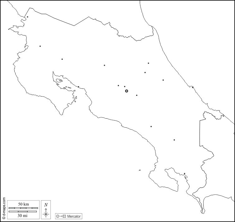 Costa Rica : d-maps.com: mappa gratuita, mappa muta gratuita, cartina muta gratuita : frontiere, principali città, bianco