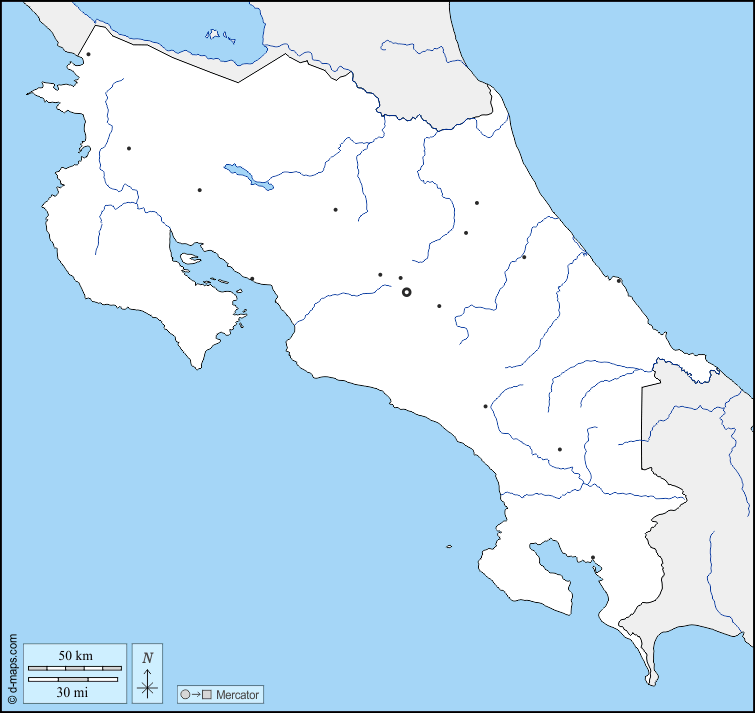 Costa Rica : d-maps.com: mappa gratuita, mappa muta gratuita, cartina muta gratuita : frontiere, idrografia, principali città