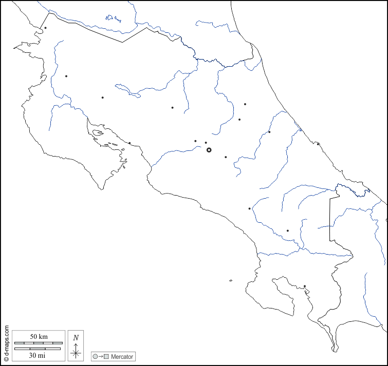 Costa Rica : d-maps.com: mappa gratuita, mappa muta gratuita, cartina muta gratuita : frontiere, idrografia, principali città, bianco