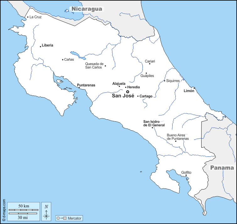 Costa Rica : d-maps.com: free map, free blank map, free outline map, free base map : boundaries, hydrography, main cities, names