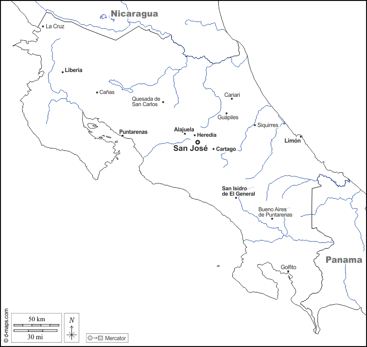 Costa Rica : d-maps.com: mappa gratuita, mappa muta gratuita, cartina muta gratuita : frontiere, idrografia, principali città, nomi, bianco