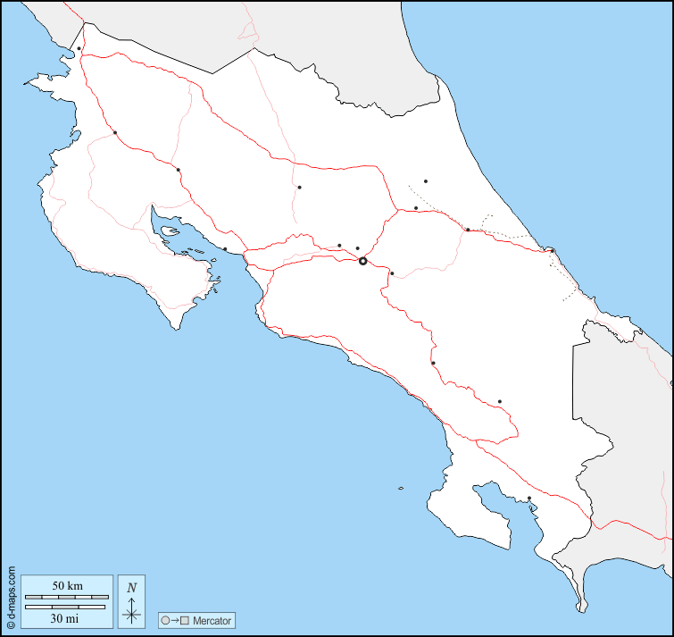 Costa Rica : d-maps.com: mappa gratuita, mappa muta gratuita, cartina muta gratuita : frontiere, principali città, strade
