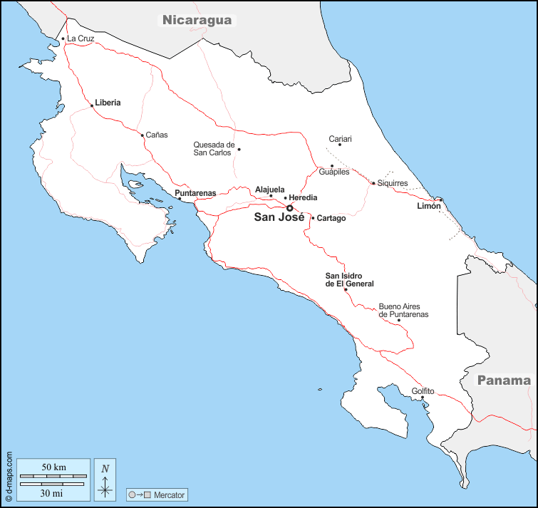 Costa Rica : d-maps.com: mappa gratuita, mappa muta gratuita, cartina muta gratuita : frontiere, principali città, strade, nomi