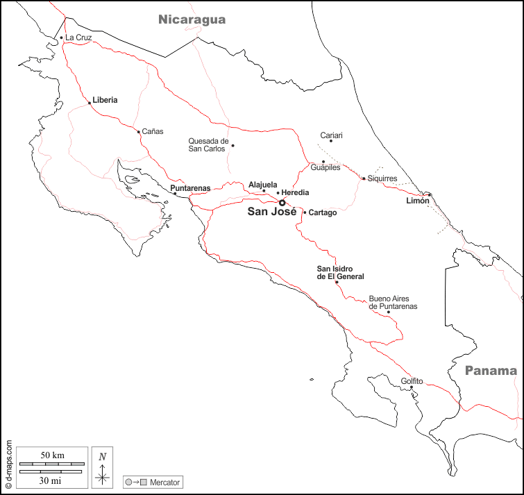 Costa Rica : d-maps.com: mappa gratuita, mappa muta gratuita, cartina muta gratuita : frontiere, principali città, strade, nomi, bianco