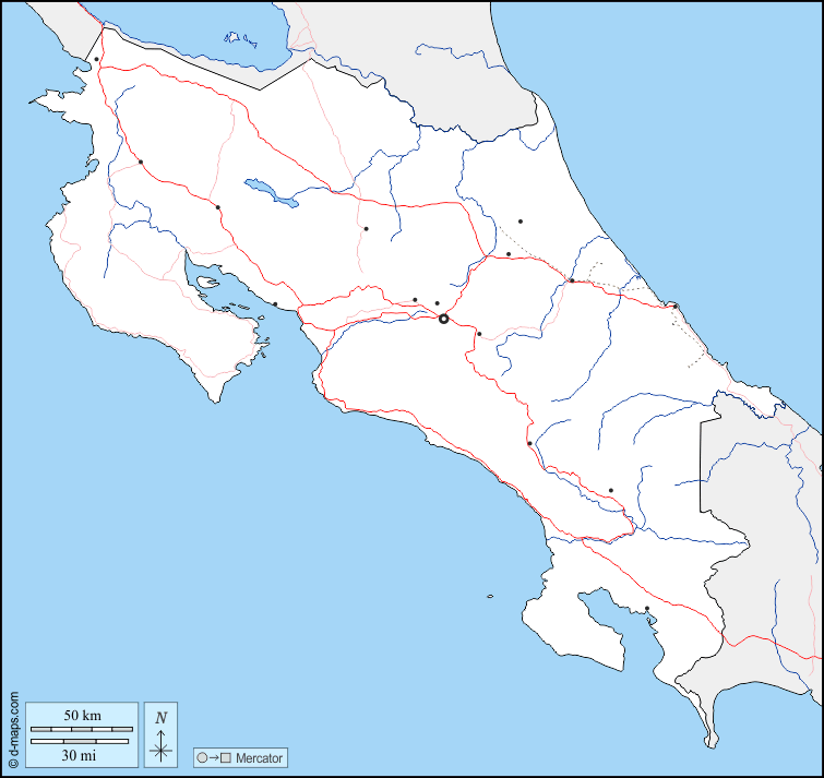 Costa Rica : d-maps.com: mappa gratuita, mappa muta gratuita, cartina muta gratuita : frontiere, idrografia, principali città, strade