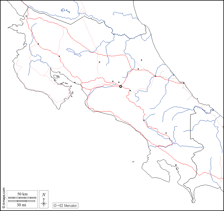 Costa Rica : d-maps.com: mappa gratuita, mappa muta gratuita, cartina muta gratuita : frontiere, idrografia, principali città, strade, bianco
