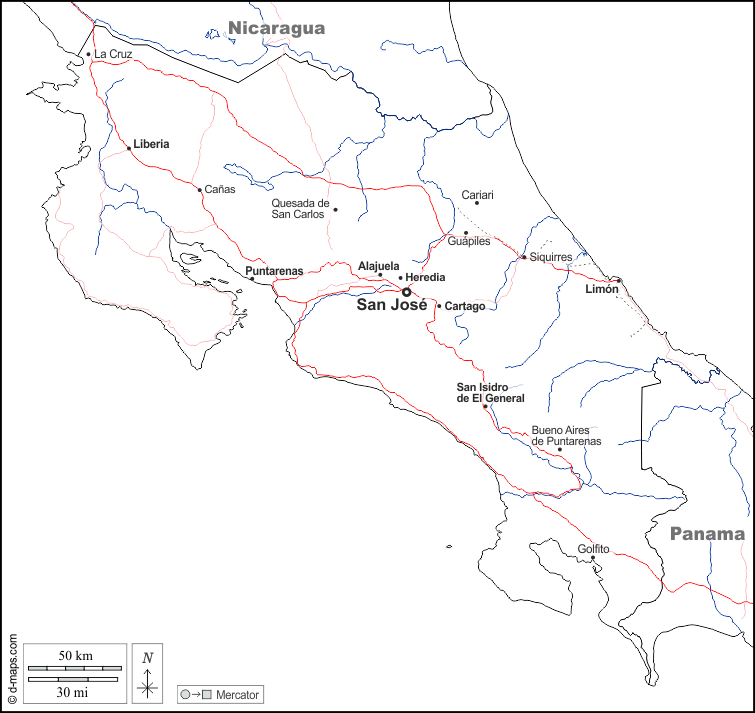 Costa Rica : d-maps.com: mappa gratuita, mappa muta gratuita, cartina muta gratuita : frontiere, idrografia, principali città, strade, nomi, bianco