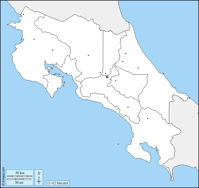 Costa Rica : d-maps.com: mappa gratuita, mappa muta gratuita, cartina muta gratuita : frontiere, province, principali città