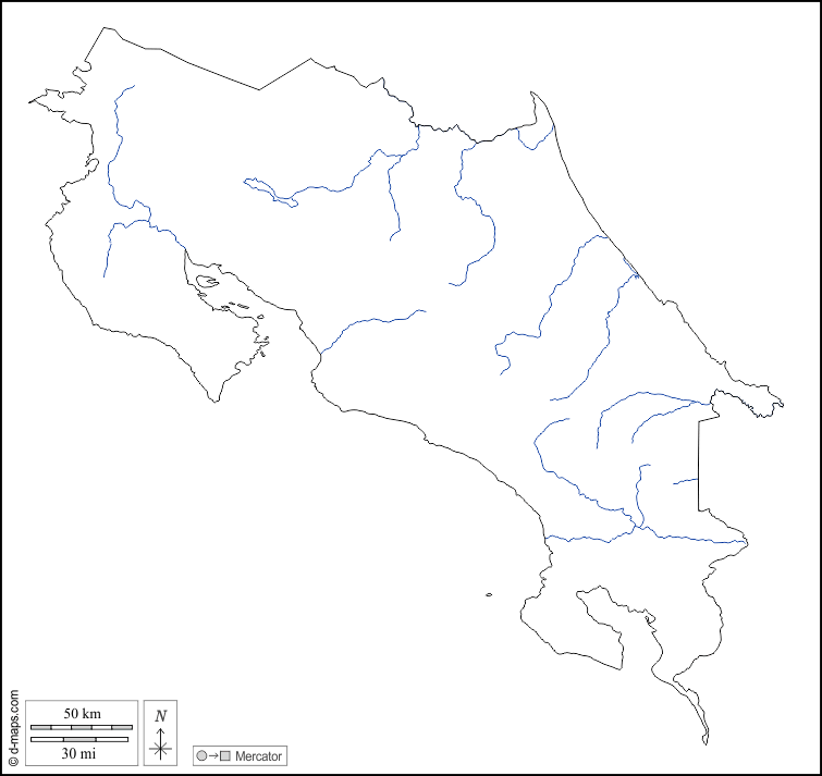 Costa Rica : d-maps.com: mappa gratuita, mappa muta gratuita, cartina muta gratuita : contorni, idrografia, bianco