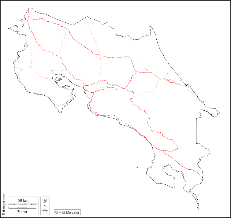Costa Rica : d-maps.com: mappa gratuita, mappa muta gratuita, cartina muta gratuita : contorni, strade, bianco