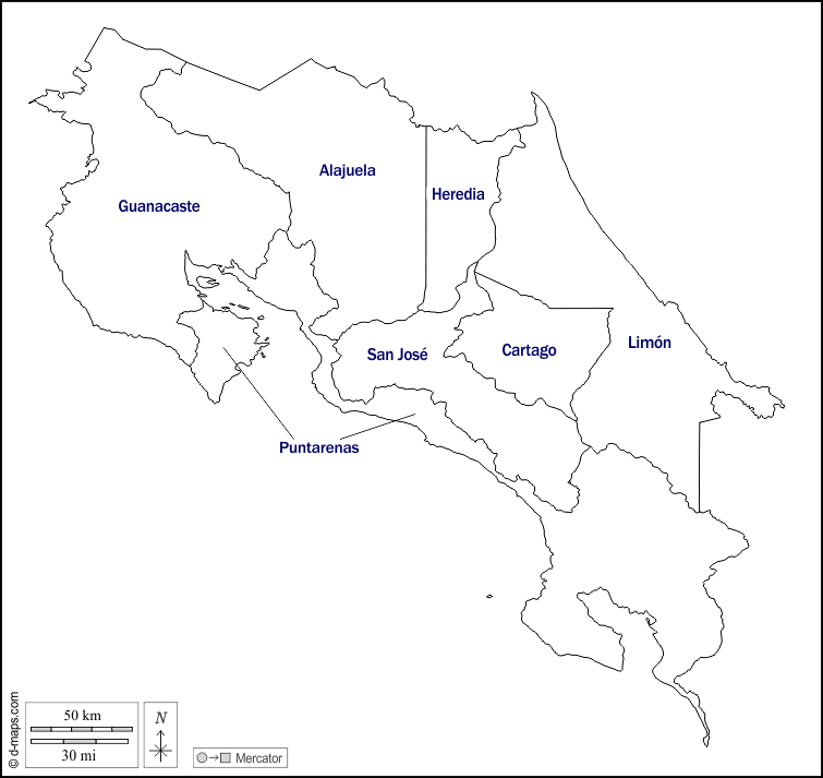 Costa Rica : d-maps.com: mappa gratuita, mappa muta gratuita, cartina muta gratuita : contorni, province, nomi, bianco