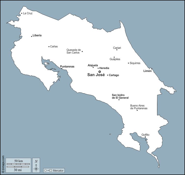 Costa Rica : d-maps.com: mappa gratuita, mappa muta gratuita, cartina muta gratuita : contorni, principali città, nomi