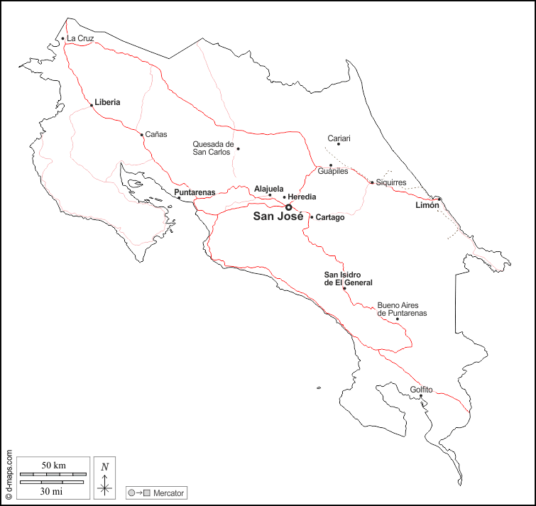 कोस्टा रिका : d-maps.com: नि: शुल्क मानचित्र, नि: शुल्क रिक्त नक्शा, नि: शुल्क रूपरेखा मानचित्र, नि: शुल्क आधार मानचित्र
 : बाह्यरेखा, मुख्य शहरों, सड़कों, नाम, सफेद