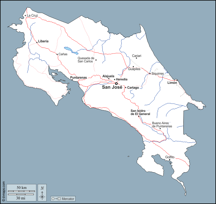 Costa Rica : d-maps.com: mappa gratuita, mappa muta gratuita, cartina muta gratuita : contorni, idrografia, principali città, strade, nomi