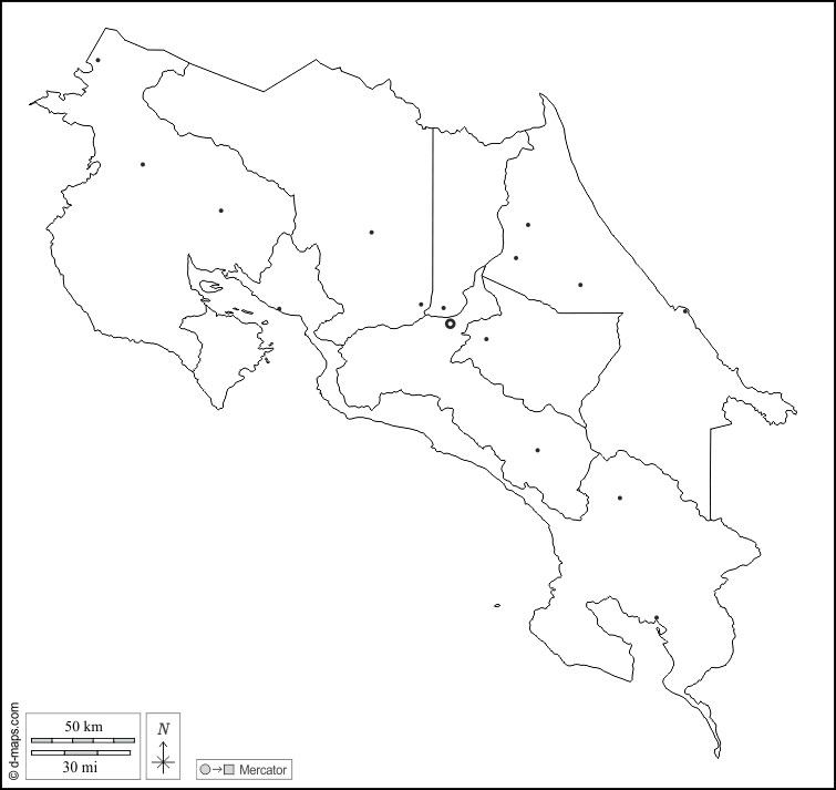 哥斯达黎加 : d-maps.com: 免费地图, 免费的空白地图, 免费的轮廓地图, 免费基地地图 : 大纲, 省, 主要城市, 白