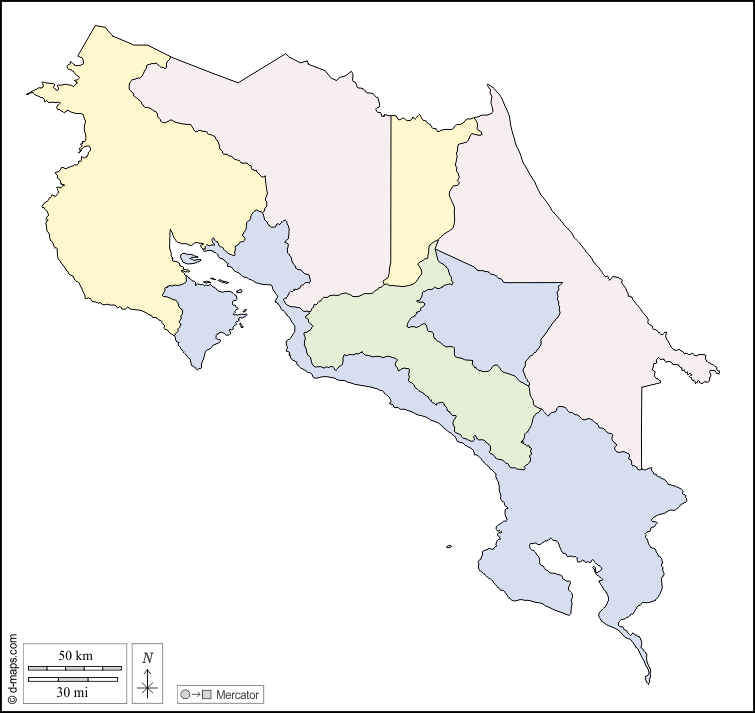 Costa Rica : d-maps.com: mappa gratuita, mappa muta gratuita, cartina muta gratuita : contorni, province, colore, bianco