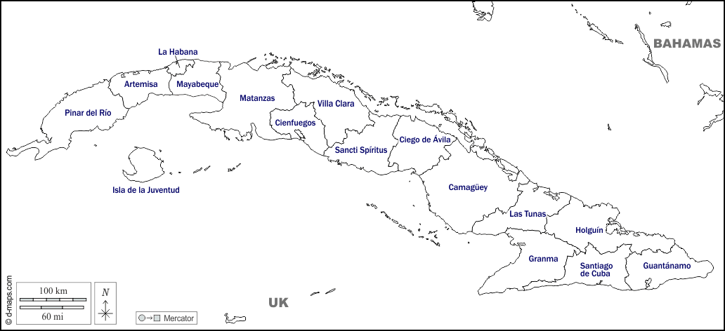 Cuba : d-maps.com: mappa gratuita, mappa muta gratuita, cartina muta gratuita : frontiere, province, nomi, bianco
