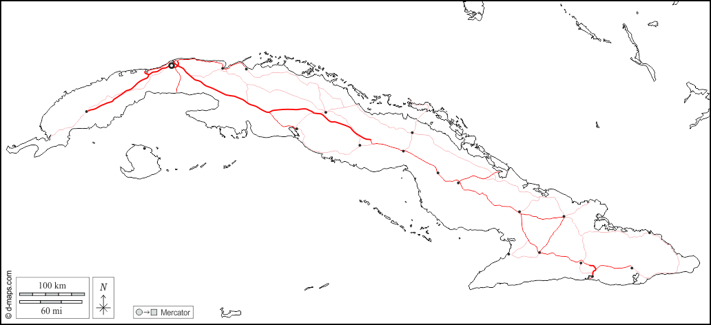 Kuba : d-maps.com: Kostenlose Karten, kostenlose stumme Karte, kostenlose unausgefüllt Landkarte, kostenlose hochauflösende Umrisskarte : Grenzen, Wichtige Städte, Straßen, weiß