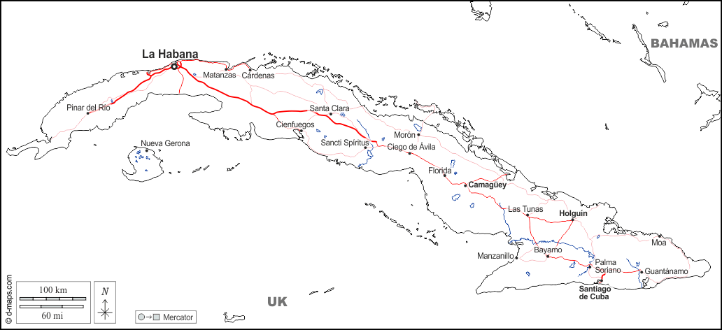 Cuba : d-maps.com: mappa gratuita, mappa muta gratuita, cartina muta gratuita : frontiere, idrografia, principali città, strade, nomi, bianco