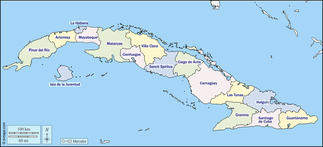 Cuba : d-maps.com: mappa gratuita, mappa muta gratuita, cartina muta gratuita : frontiere, province, nomi, colore