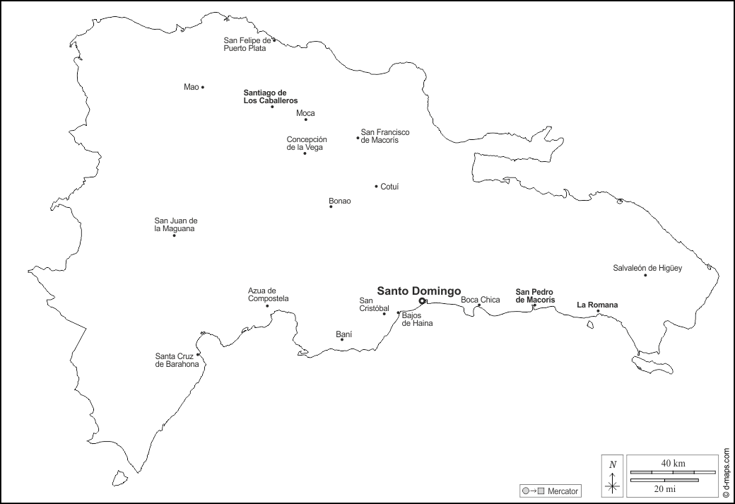 Repubblica Domenicana : d-maps.com: mappa gratuita, mappa muta gratuita, cartina muta gratuita : contorni, principali città, nomi, bianco
