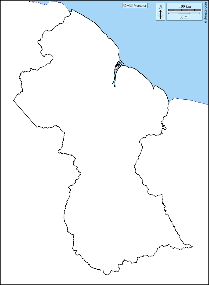 Guyana : d-maps.com: mappa gratuita, mappa muta gratuita, cartina muta gratuita : litorali, limiti