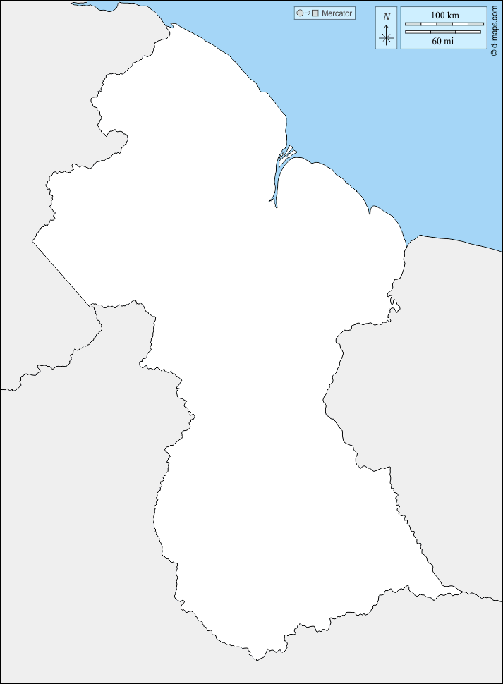 Guyana : d-maps.com: mappa gratuita, mappa muta gratuita, cartina muta gratuita : frontiere