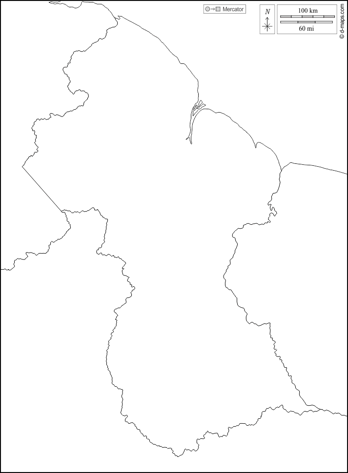 Guyana : d-maps.com: mappa gratuita, mappa muta gratuita, cartina muta gratuita : frontiere, bianco