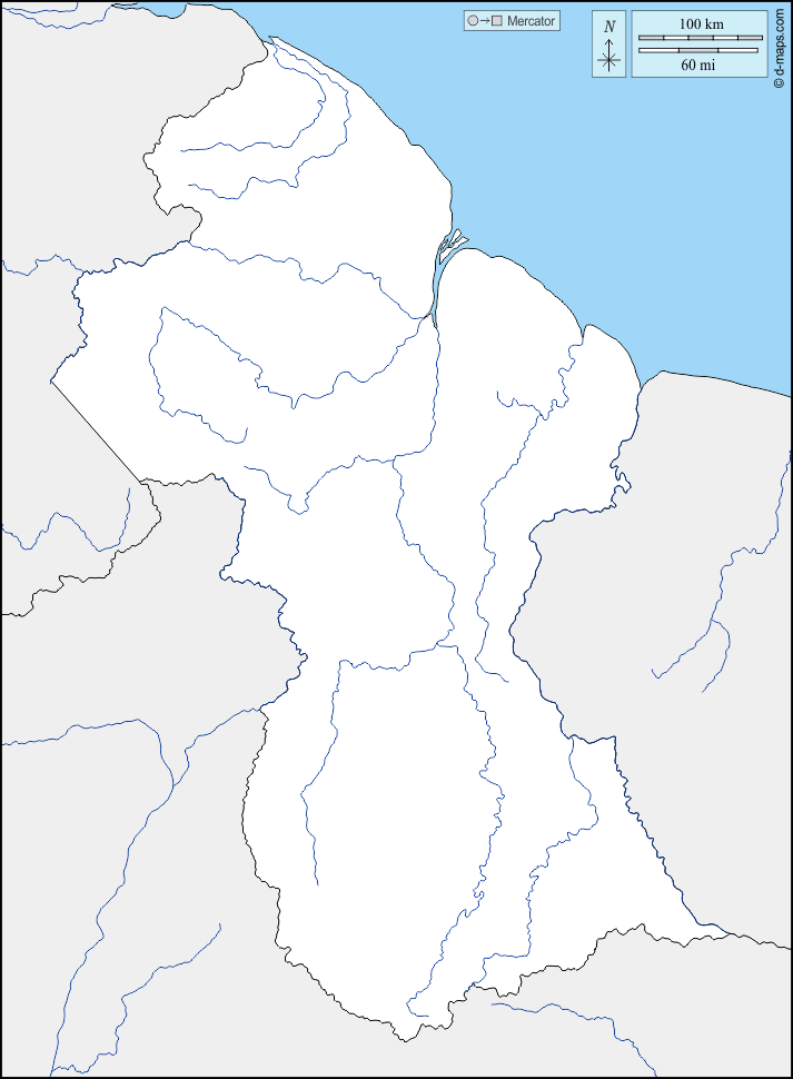 Guyana : d-maps.com: mappa gratuita, mappa muta gratuita, cartina muta gratuita : frontiere, idrografia
