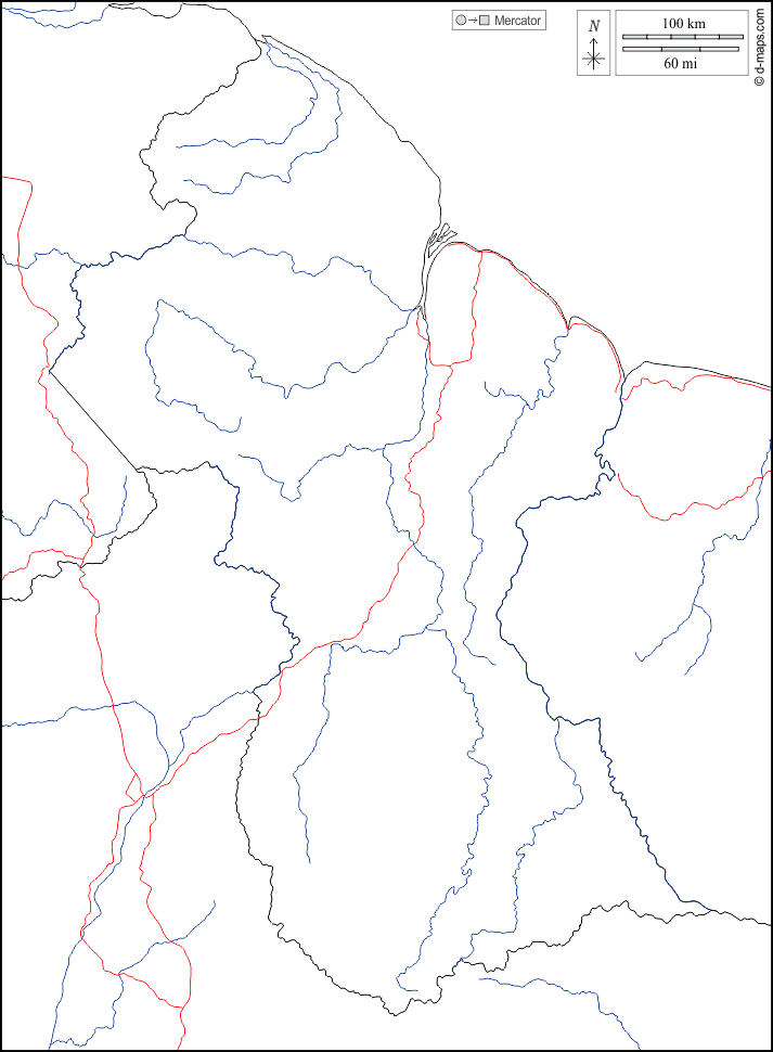 Guyana : d-maps.com: mappa gratuita, mappa muta gratuita, cartina muta gratuita : frontiere, idrografia, strade, bianco
