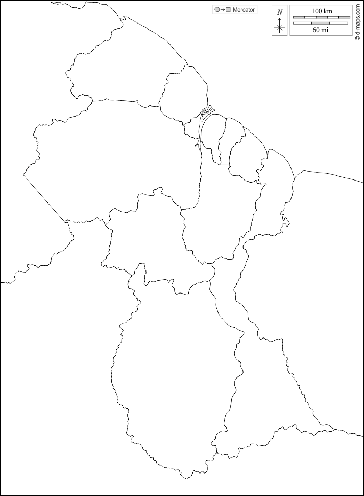Guyana : d-maps.com: mappa gratuita, mappa muta gratuita, cartina muta gratuita : frontiere, regioni, bianco