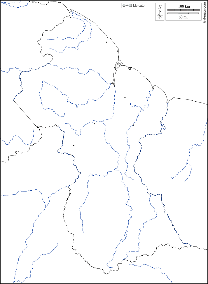 Guyana : d-maps.com: mappa gratuita, mappa muta gratuita, cartina muta gratuita : frontiere, idrografia, principali città, bianco