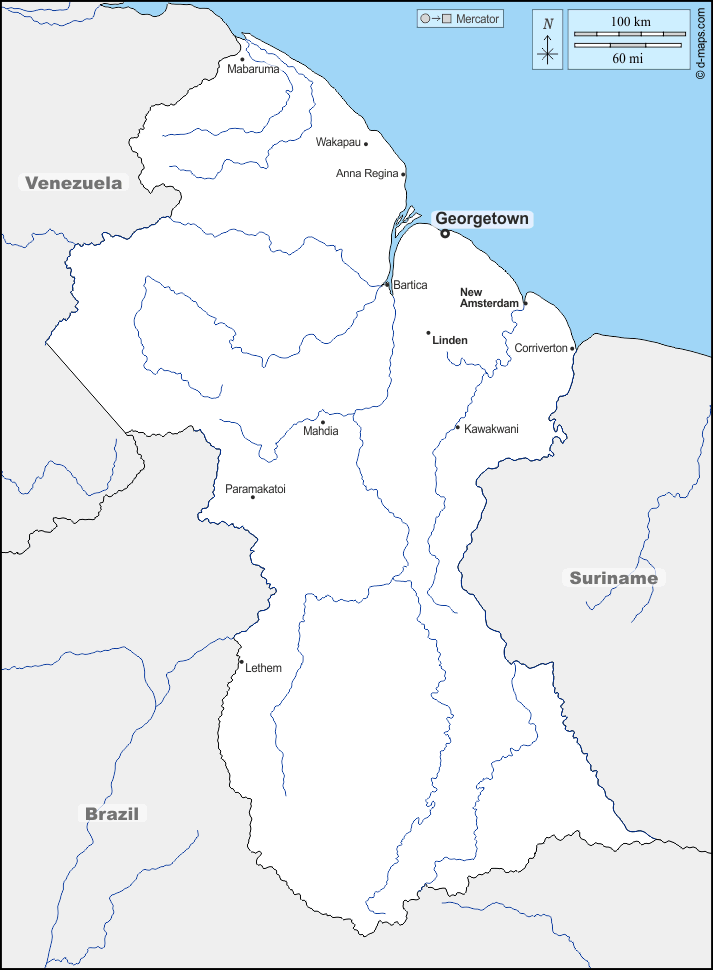Guyana : d-maps.com: mappa gratuita, mappa muta gratuita, cartina muta gratuita : frontiere, idrografia, principali città, nomi