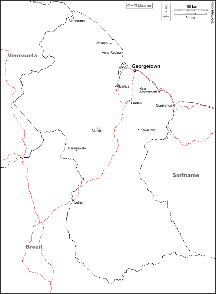 Guyana : d-maps.com: mappa gratuita, mappa muta gratuita, cartina muta gratuita : frontiere, principali città, strade, nomi, bianco