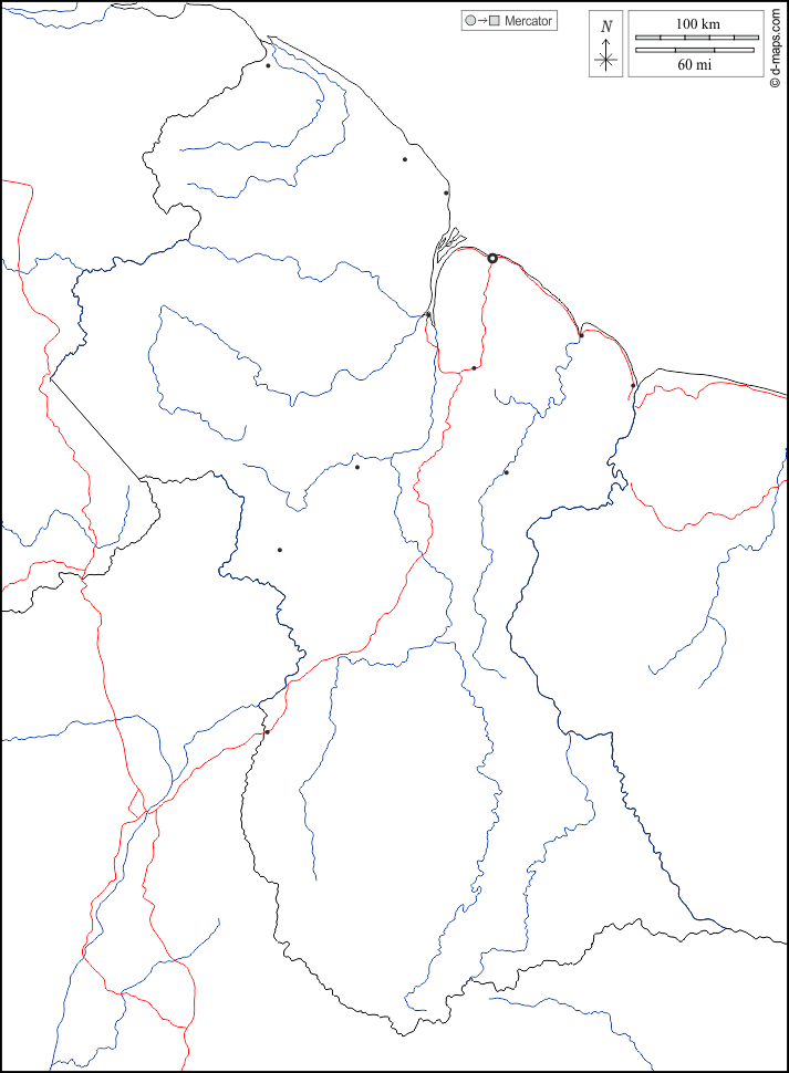 Guyana : d-maps.com: mappa gratuita, mappa muta gratuita, cartina muta gratuita : frontiere, idrografia, principali città, strade, bianco